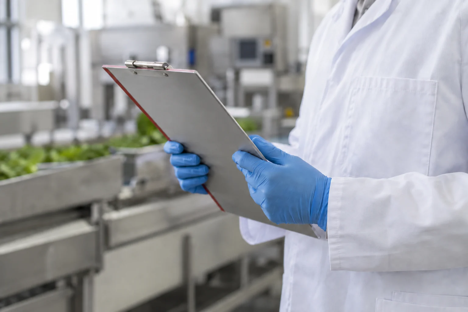Inspector wearing blue protective gloves and holding a clipboard
